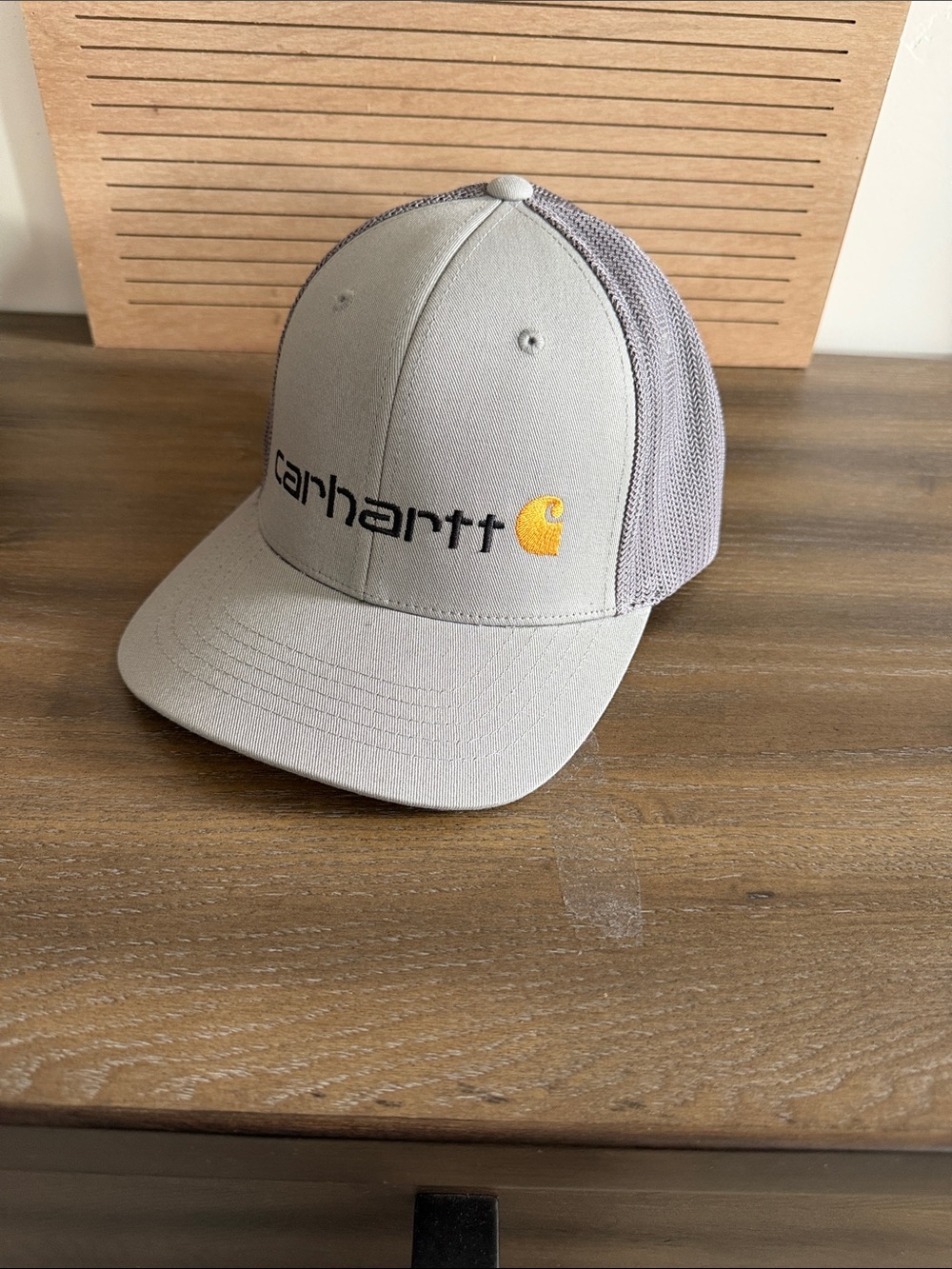 Carhartt Light Gray Mesh-Back Logo Trucker Cap with Yellow Patch